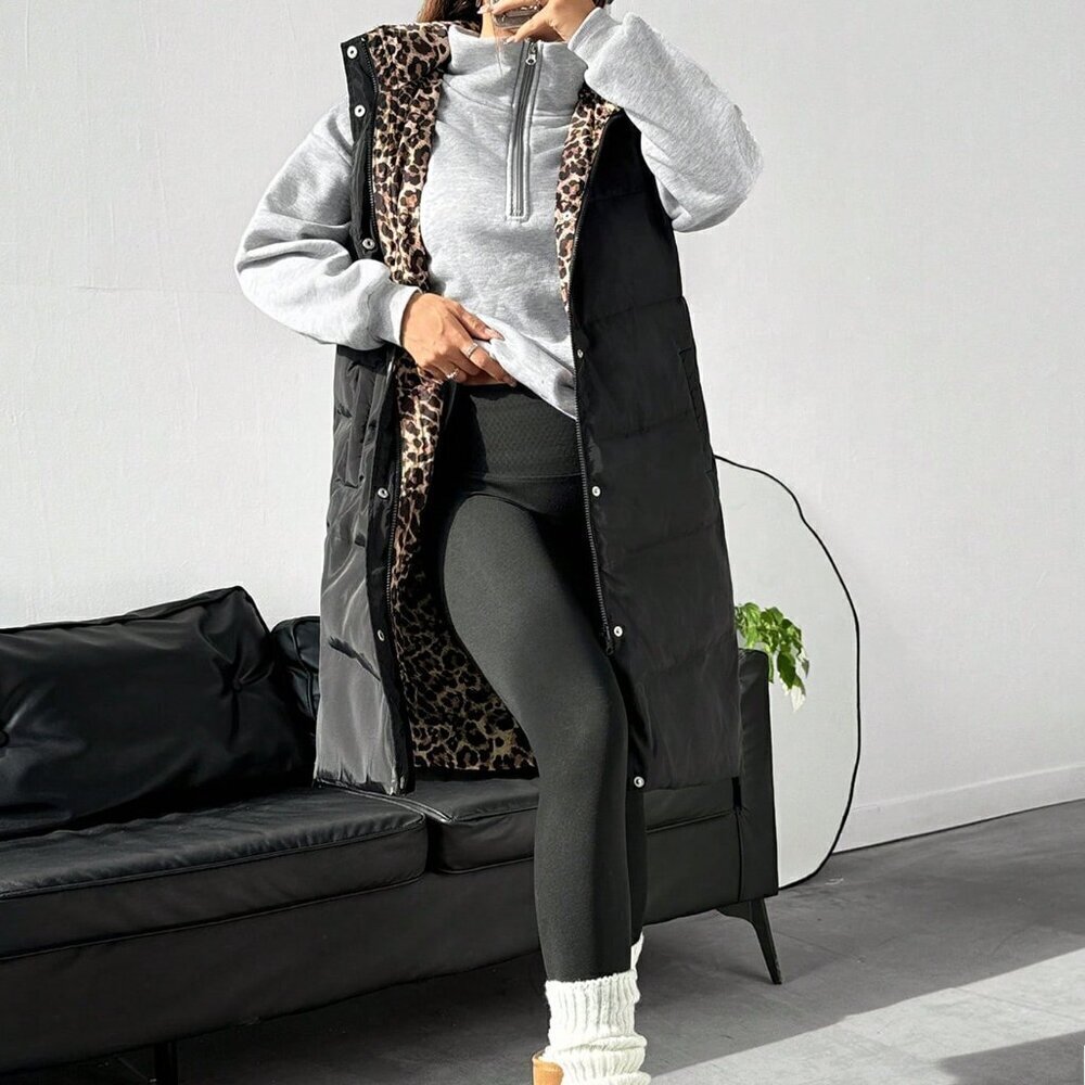 Black Casual Women's Front Button Sleeveless Hooded Padded Coat